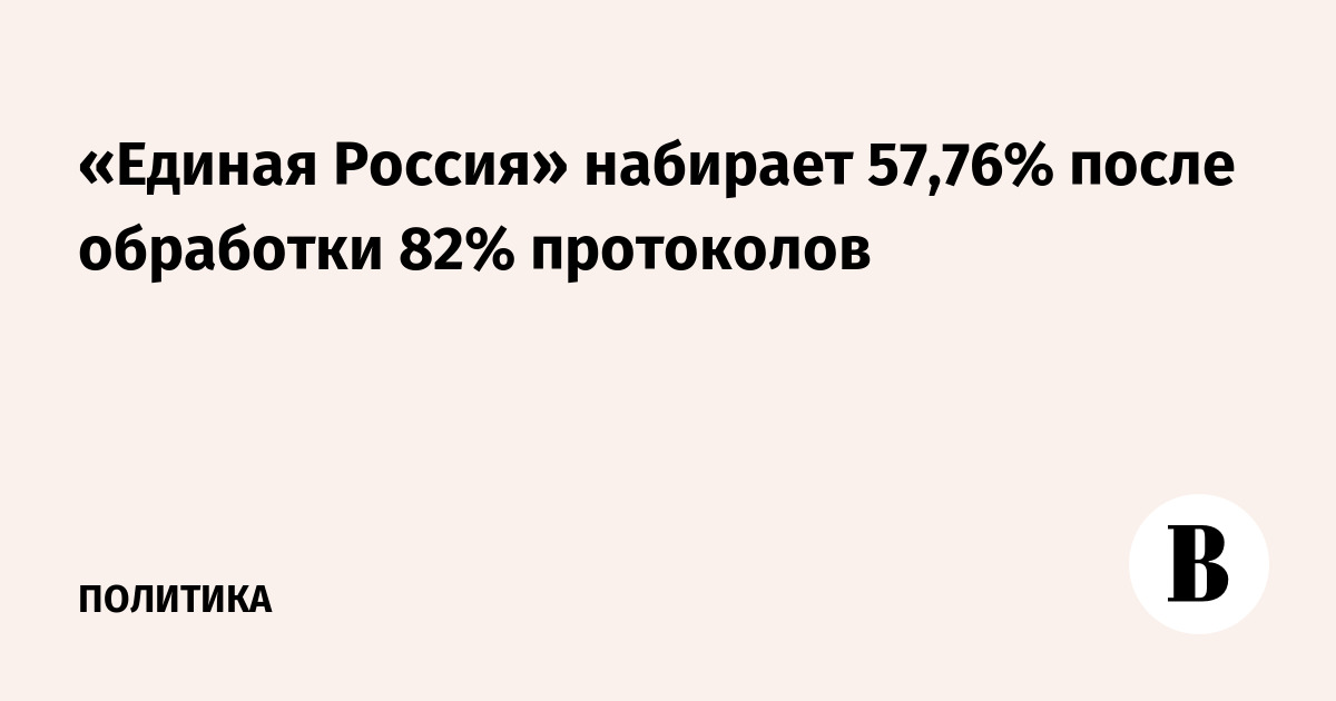 «Единая Россия» набирает 57,76% после обработки 82% протоколов