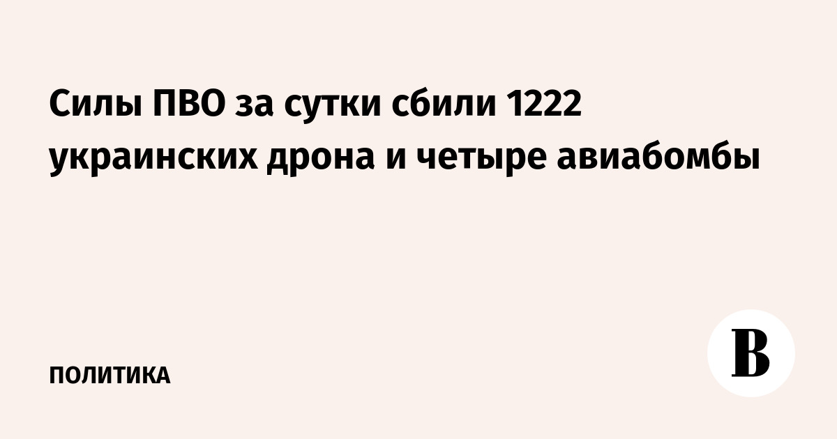 Силы ПВО за сутки сбили 1222 украинских дрона и четыре авиабомбы